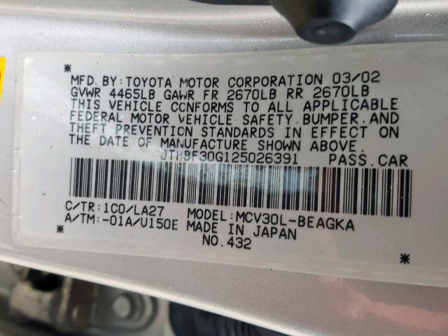 JTHBF30G125026391 - 2002 LEXUS ES 300 SILVER photo 10