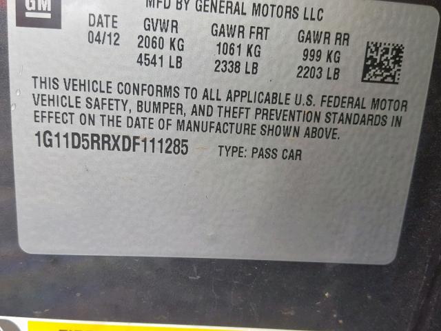 1G11D5RRXDF111285 - 2013 CHEVROLET MALIBU 1LT CHARCOAL photo 10