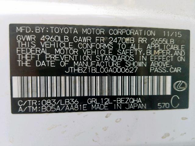 JTHBZ1BL0GA000627 - 2016 LEXUS GS 350 BAS WHITE photo 10