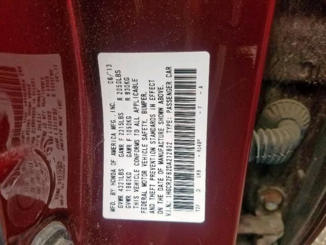 1HGCR2F82DA212802 - 2013 HONDA ACCORD EXL BURGUNDY photo 10