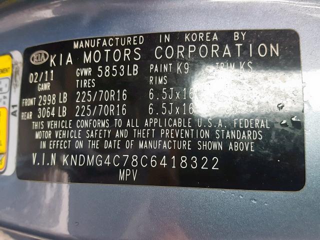 KNDMG4C78C6418322 - 2012 KIA SEDONA LX BLUE photo 10