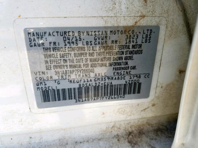 3N1AB7AP7FY266040 - 2015 NISSAN SENTRA S WHITE photo 10