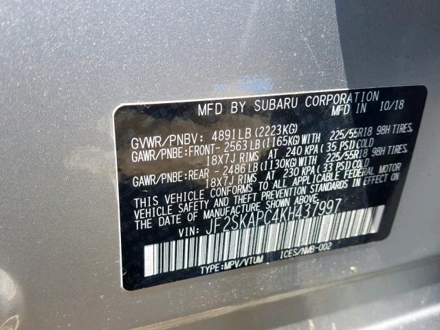 JF2SKAPC4KH437997 - 2019 SUBARU FORESTER S GRAY photo 10