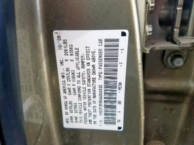 1HGCP3F85AA004520 - 2010 HONDA ACCORD EXL GRAY photo 10