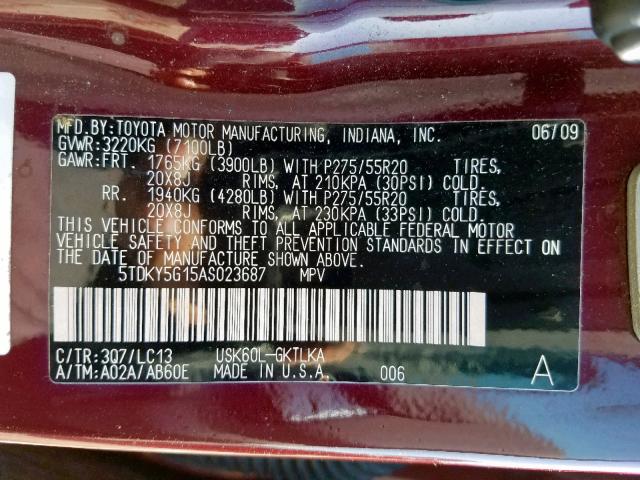 5TDKY5G15AS023687 - 2010 TOYOTA SEQUOIA LI MAROON photo 10