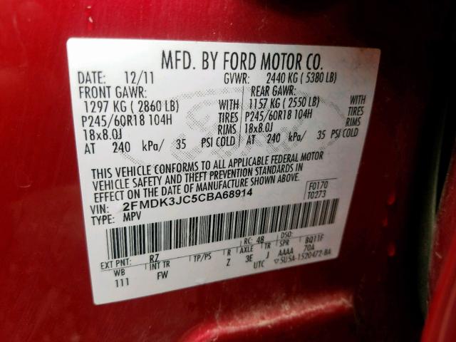 2FMDK3JC5CBA68914 - 2012 FORD EDGE SEL RED photo 10