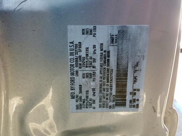 1FTYR14E81TA57938 - 2001 FORD RANGER SUP SILVER photo 10