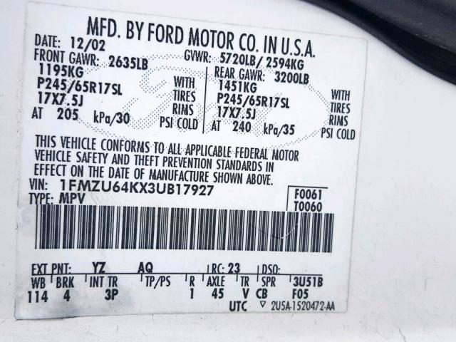 1FMZU64KX3UB17927 - 2003 FORD EXPLORER E WHITE photo 10