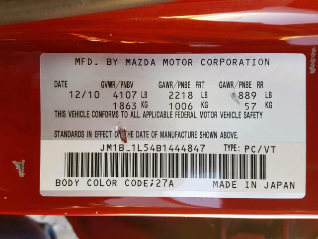 JM1BL1L54B1444847 - 2011 MAZDA 3 S RED photo 10