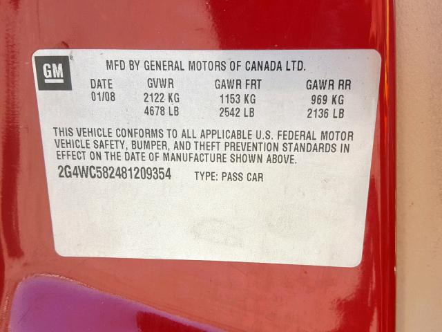 2G4WC582481209354 - 2008 BUICK LACROSSE C RED photo 10