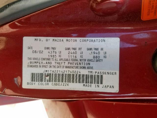 JM1TA221421740224 - 2002 MAZDA MILLENIA RED photo 10