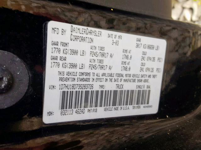 1D7HU18D73S283726 - 2003 DODGE RAM 1500 S BLACK photo 10