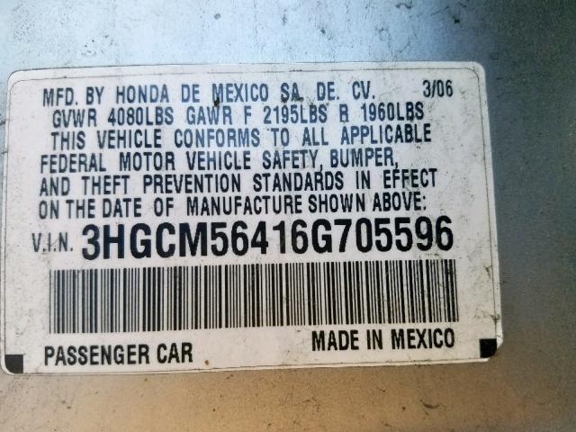 3HGCM56416G705596 - 2006 HONDA ACCORD LX SILVER photo 10