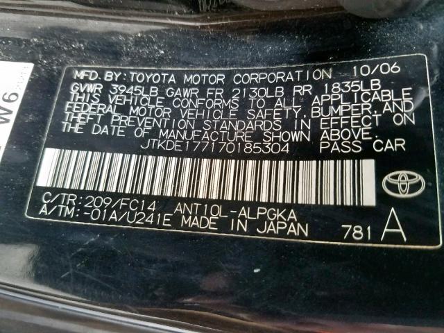 JTKDE177170185304 - 2007 TOYOTA SCION TC შავი ფოტო 10