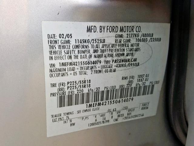 1MEFM42155G614079 - 2005 MERCURY MONTEGO PR SILVER photo 10