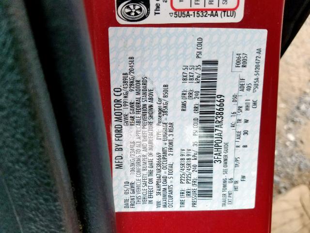 3FAHP0JA7AR386669 - 2010 FORD FUSION SEL RED photo 10