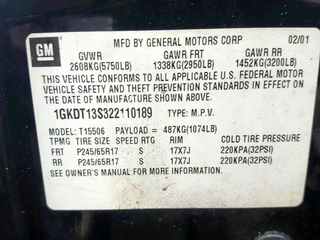 1GKDT13S322110189 - 2002 GMC ENVOY BLACK photo 10