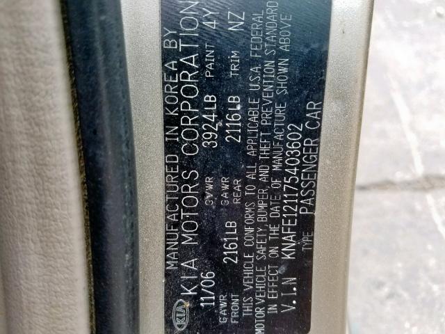 KNAFE121175403602 - 2007 KIA SPECTRA EX GOLD photo 10