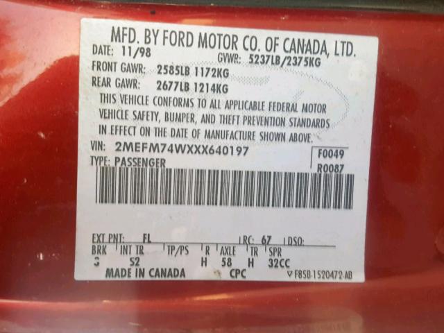 2MEFM74WXXX640197 - 1999 MERCURY GRAND MARQ RED photo 10