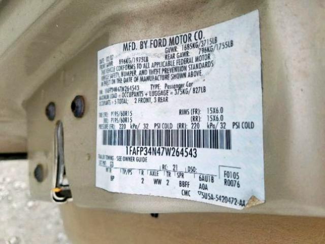 1FAFP34N47W264543 - 2007 FORD FOCUS ZX4 GOLD photo 10