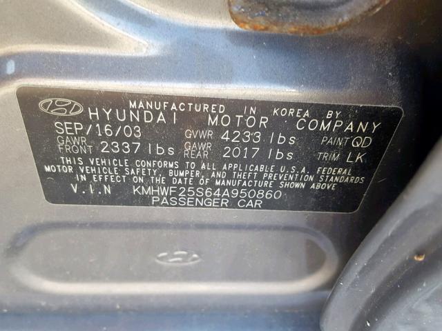 KMHWF25S64A950860 - 2004 HYUNDAI SONATA GL GRAY photo 10