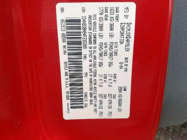 1D4HB38N94F235209 - 2004 DODGE DURANGO ST RED photo 10