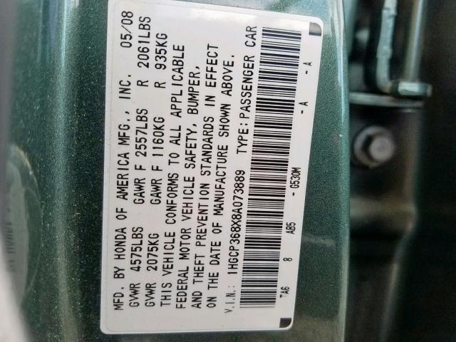 1HGCP368X8A073889 - 2008 HONDA ACCORD EXL GREEN photo 10