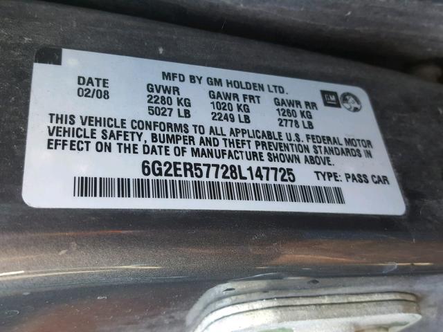 6G2ER57728L147725 - 2008 PONTIAC G8 GRAY photo 10