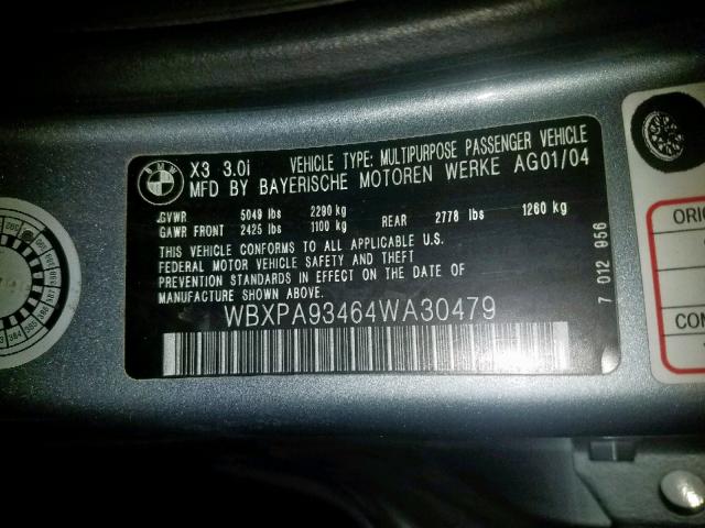 WBXPA93464WA30479 - 2004 BMW X3 3.0I GRAY photo 10