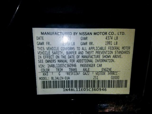 1N4BL11E05C360946 - 2005 NISSAN ALTIMA SE BLACK photo 10