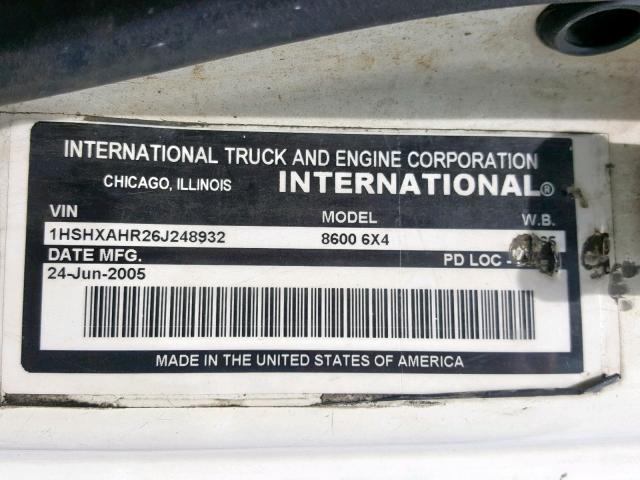 1HSHXAHR26J248932 - 2006 INTERNATIONAL 8000 8600 WHITE photo 10