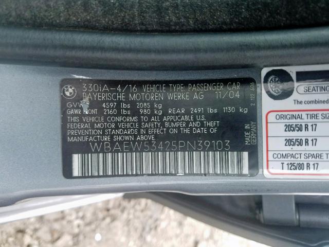 WBAEW53425PN39103 - 2005 BMW 330 XI GRAY photo 10