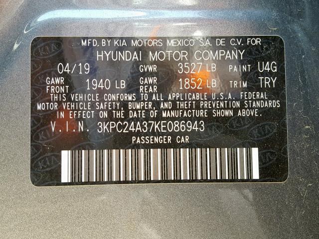 3KPC24A37KE086943 - 2019 HYUNDAI ACCENT SE GRAY photo 10