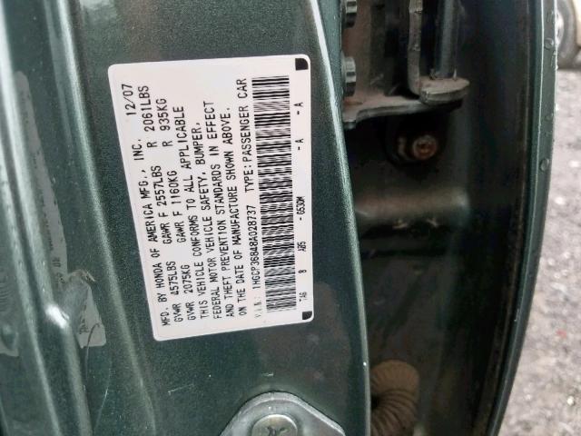 1HGCP36848A028737 - 2008 HONDA ACCORD EXL GREEN photo 10