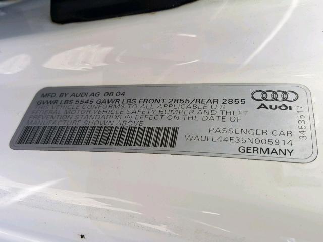 WAULL44E35N005914 - 2005 AUDI A8 4.2 QUA WHITE photo 10