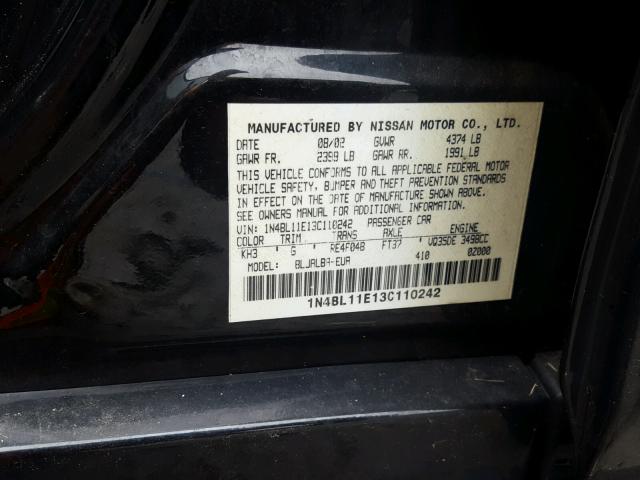 1N4BL11E13C110242 - 2003 NISSAN ALTIMA SE BLACK photo 10