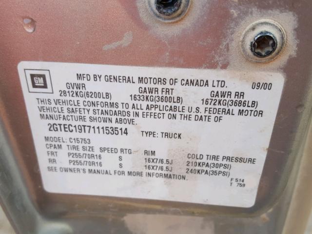 2GTEC19T711153514 - 2001 GMC NEW SIERRA GRAY photo 10