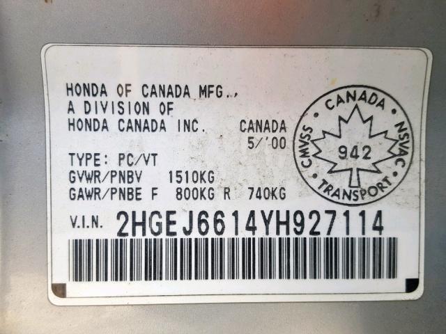 2HGEJ6614YH927114 - 2000 HONDA CIVIC BASE SILVER photo 10