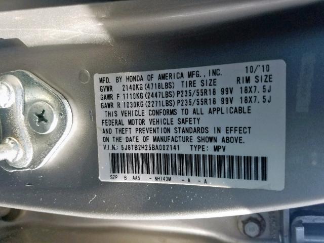 5J8TB2H25BA002141 - 2011 ACURA RDX SILVER photo 10