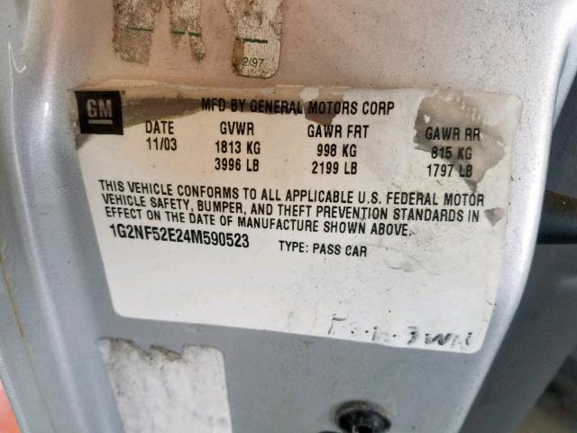 1G2NF52E24M590523 - 2004 PONTIAC GRAND AM S SILVER photo 10