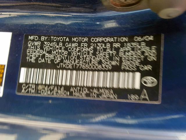 JTKDE177650008339 - 2005 TOYOTA SCION TC ლურჯი ფოტო 10