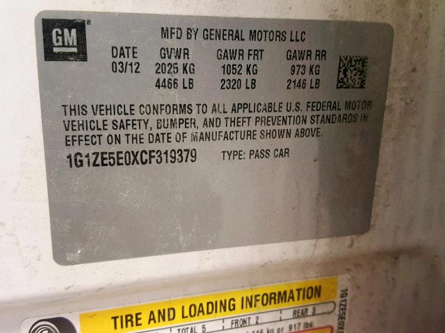 1G1ZE5E0XCF319379 - 2012 CHEVROLET MALIBU LTZ თეთრი ფოტო 10