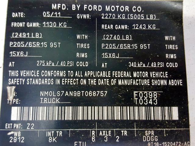 NM0LS7AN9BT068757 - 2011 FORD TRANSIT CO WHITE photo 10