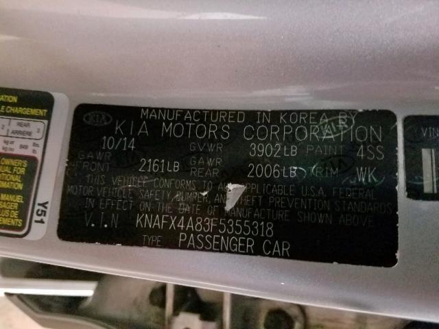 KNAFX4A83F5355318 - 2015 KIA FORTE EX SILVER photo 10