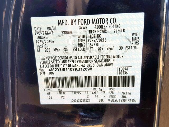 4M2YU81107KJ12898 - 2007 MERCURY MARINER LU BLACK photo 10