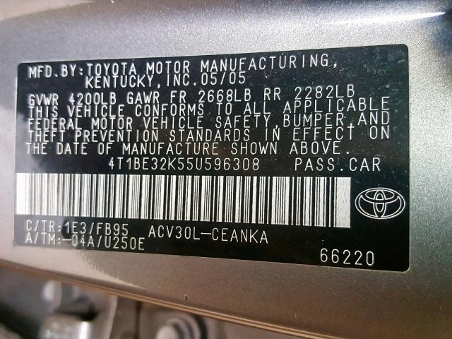 4T1BE32K55U596308 - 2005 TOYOTA CAMRY LE GRAY photo 10