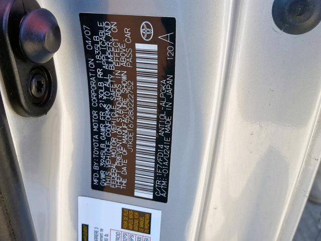 JTKDE167280222752 - 2008 TOYOTA SCION TC ვერცხლისფერი ფოტო 10