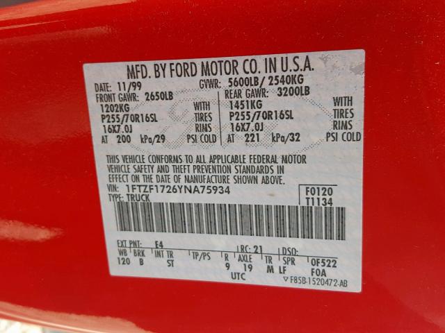 1FTZF1726YNA75934 - 2000 FORD F150 RED photo 10