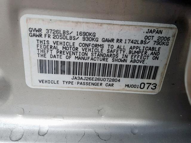 JA3AJ26E26U072804 - 2006 MITSUBISHI LANCER ES SILVER photo 10