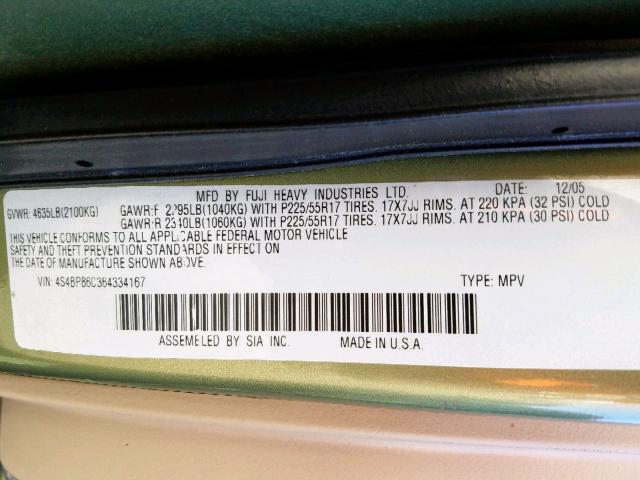 4S4BP86C364334167 - 2006 SUBARU LEGACY OUT GREEN photo 10